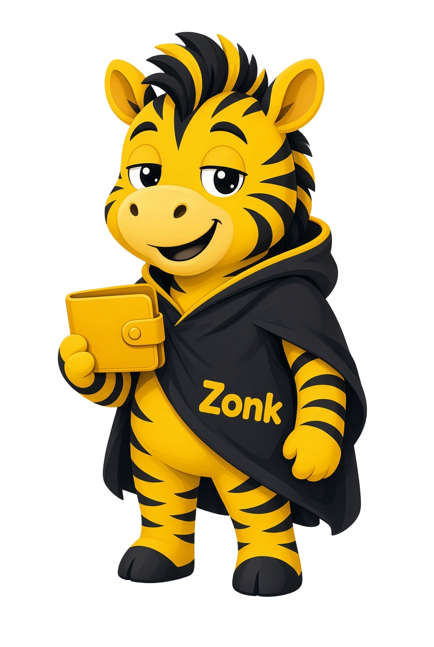 Zonk the yellow Zcash zebra holding a wallet